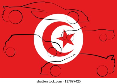 The flag of Tunisia with the outlines of many cars of different types
