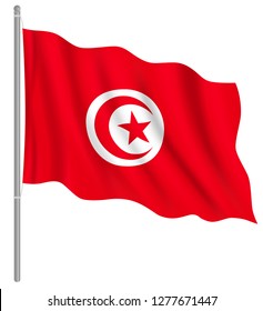 Flag of Tunisia with flag pole waving in wind. Vector illustration