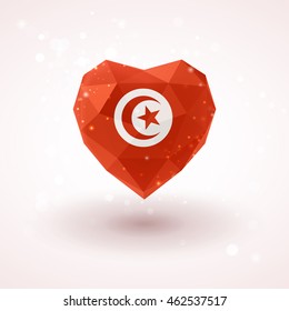 Flag of Tunisia in shape of diamond glass heart in triangulation style for info graphics, greeting card, celebration of Independence Day, printed materials 