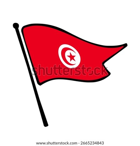 Flag of Tunisia. Tunisia flag vector illustration icon design in the hand-drawn style. Fluttering flagpole flag.