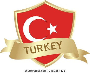 Flag of turkey as around the metal gold shield with turkey flag