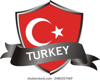 Flag of turkey as around the metal silver shield with turkey flag