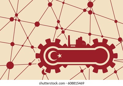 Flag of the Turkey build in gear. Heavy industry relative image. Molecule And Communication Background. Vector brochure or report design template. Connected lines with dots.