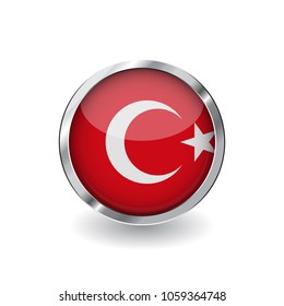 Flag of turkey, button with metal frame and shadow. turkey flag vector icon, badge with glossy effect and metallic border. Realistic vector illustration on white background.