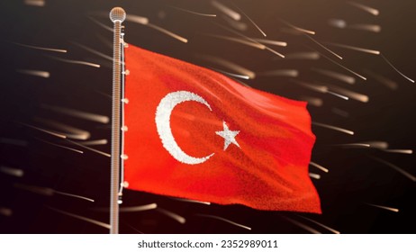 The flag of Turkey flutters in the gentle wind, the camera flies around it. sunny day.