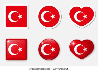Flag of Turkey icons collection. Flat stickers and 3d realistic glass vector elements on white background with shadow underneath.