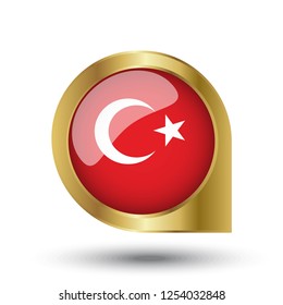 Flag of Turkey, location map pin, pointer flag, button with the reflection of light and shadow, gold frame, Icon country. Realistic vector illustration on white background.