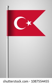 Flag of Turkey. National Flag on Flagpole. Isolated Illustration on Gray Background