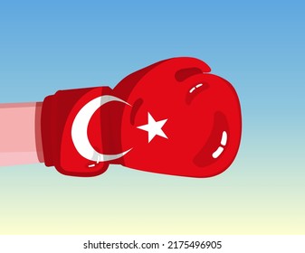 Flag of Turkey on boxing glove. Confrontation between countries with competitive power. Offensive attitude. Separation of power. Template ready design.