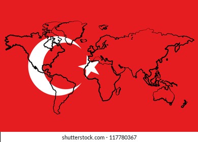 The flag of Turkey with the outline of the world