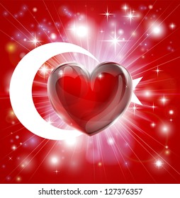 Flag of Turkey patriotic background with pyrotechnic or light burst and love heart in the centre