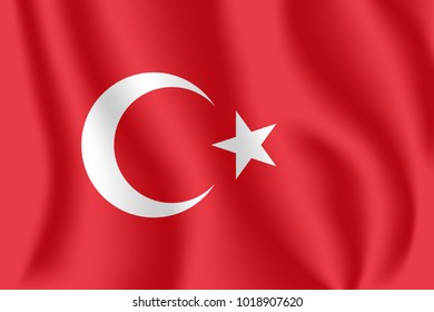 Flag of Turkey. Realistic waving flag of Republic of Turkey. Fabric textured flowing flag of Turkey.