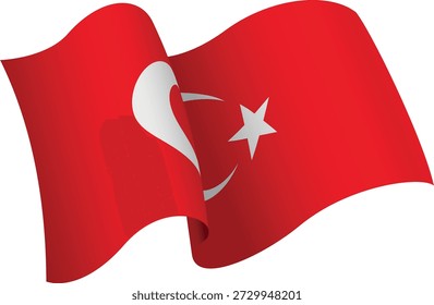 Bandeira da Turquia. Bandeira estilo fita que transmite uma sensação de movimento e efeito de ondulação. As curvas elegantes e sombreamento realista criam uma sensação de movimento. Ideal para projetos internacionais, materiais de viagem e apresentações culturais.