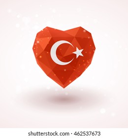 Flag of Turkey in shape of diamond glass heart in triangulation style for info graphics, greeting card, celebration of Independence Day, printed materials 