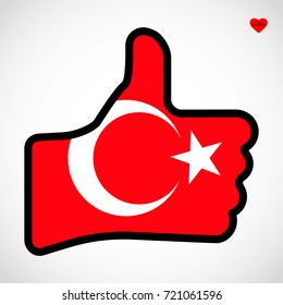 Bandera de Turquía en forma de Mano con pulgar arriba, gesto de aprobación, significa Como, signo de dedo vector, ilustración de diseño plano.