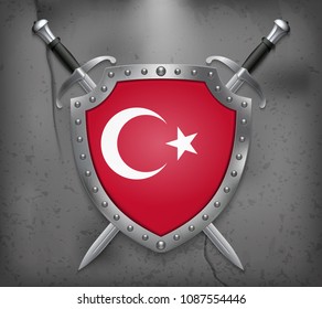 Flag of Turkey. The Shield with National Flag. Two Crossed Swords. Vector Medieval Background