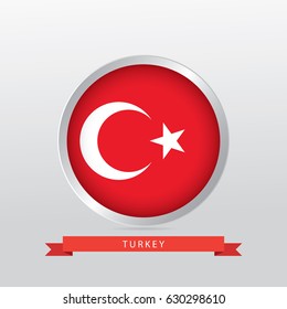 Flag of Turkey in shiny circle with red ribbon on gradient gray background.