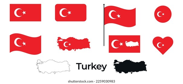 Flag of Turkey. Silhouette of Turkey. Turkish flag. National symbol.