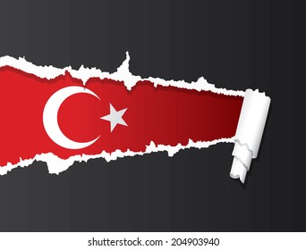 Flag of Turkey under ripped paper vector illustration.