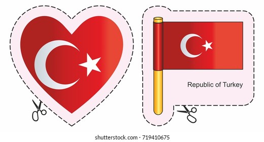 Flag  Turkey. Vector cut sign here, isolated on white. Can be used for design, stickers, souvenirs.