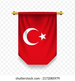 Flag of Turkey. Vector illustration of a vertical hanging flag on a transparent background (PNG).