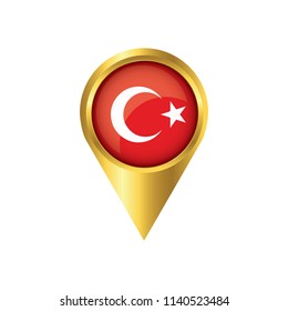 Flag of Turkey.symbol check in Turkey, golden map pointer with the national flag of Turkey in the button. vector illustration.