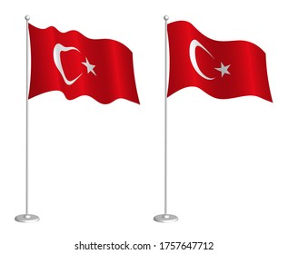 Flagge der Türkischen Republik auf Flagpol im Wind winkend. Feriendesign-Element. Checkpoint für Kartensymbole. Einzige Vektorgrafik auf weißem Hintergrund