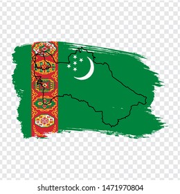 Flag Turkmenistan from brush strokes and Blank map Turkmenistan. High quality map Turkmenistan and flag on transparent background. Stock vector. Vector illustration EPS10.