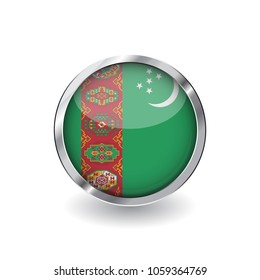Flag of turkmenistan, button with metal frame and shadow. turkmenistan flag vector icon, badge with glossy effect and metallic border. Realistic vector illustration on white background.