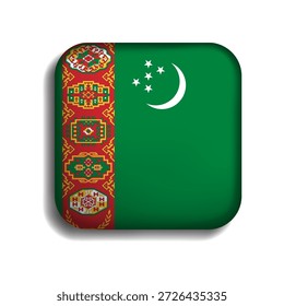 Bandera de Turkmenistán Botón con sombra. Icono 3D. La forma cuadrada