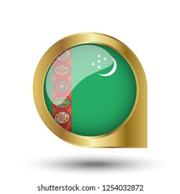 Flag of Turkmenistan, location map pin, pointer flag, button with the reflection of light and shadow, gold frame, Icon country. Realistic vector illustration on white background.