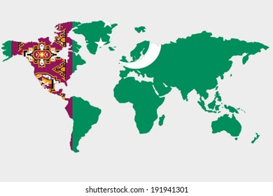 The flag of Turkmenistan in the outline of the world