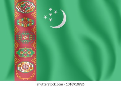 Flag of Turkmenistan. Realistic waving flag of Turkmenia. Fabric textured flowing flag of Turkmenistan.