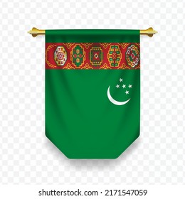 Flag of Turkmenistan. Vector illustration of a vertical hanging flag on a transparent background (PNG). 