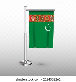 Flag of Turkmenistan. Vector illustration of a vertical hanging flag with flagpole on a transparent background (PNG).