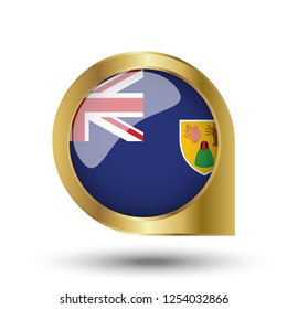 Flag of Turks and Caicons Islands, location map pin, pointer flag, button with the reflection of light and shadow, gold frame, Icon country. Realistic vector illustration on white background.