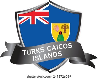 Flag of turks caicos islands as around the metal silver shield with turks caicos islands flag