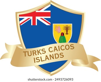 Flag of turks caicos islands as around the metal gold shield with turks caicos islands flag