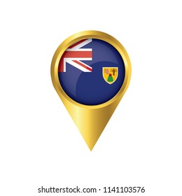 Flag of Turks and Caicos Islands.symbol check in Turks and Caicos Islands, golden map pointer with the national flag of  in the button. vector illustration.