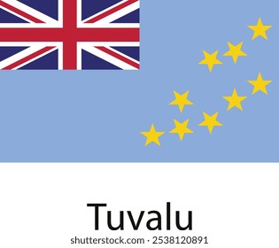 La bandera de Tuvalu presenta un campo azul con la Union Jack en la esquina superior izquierda y nueve estrellas amarillas de cinco puntas dispuestas en una línea diagonal en la esquina superior derecha.