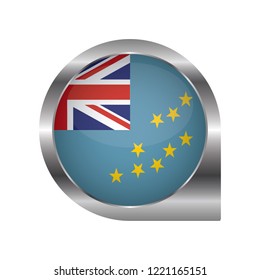 Flag of Tuvalu, location map pin, pointer flag, button with the reflection of light and shadow, silver frame, Icon country. Realistic vector illustration on white background.