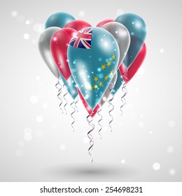Flag of Tuvalu on air balls in heart-shaped. Celebration and gifts. Ribbon in the colors are twisted under the balloon. Independence Day. Balloons on the feast of the national
