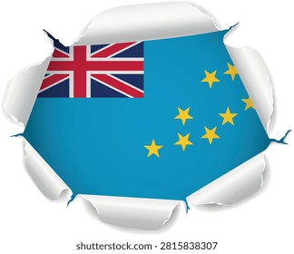 Flag of Tuvalu. Flag Revealed Through Torn Paper Hole with Realistic Curled Edges over a transparent background. The ripped edges curl outward with realistic shadows and depth, creating a striking reveal effect