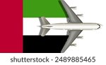 The flag of the UAE with an airplane flying over it close up. Vector image.