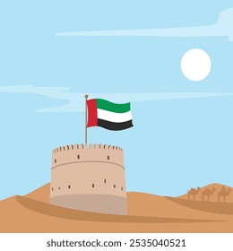 Flag of UAE flying on the fort Hatta against blue sky moon and desert background. National Day UAE.