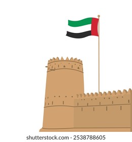 Flag of UAE flying on the fort. National Day marks the UAE's formal nationalisation in 1971.