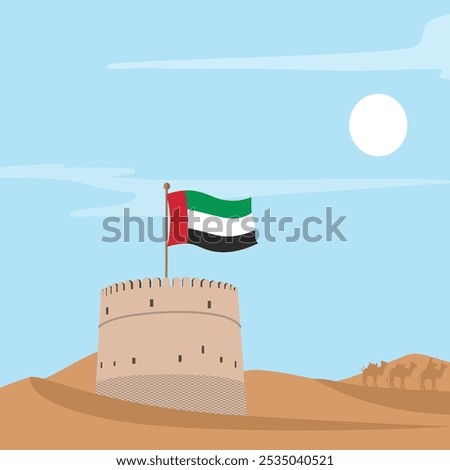 Flag of UAE flying on the fort Hatta against blue sky moon and desert background. National Day UAE.