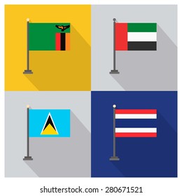 Flag of UAE - Flag of Thailand - Flag of Zambia - Flag of Saint Lucia - The flat design of the 4 country flag on the flagpole . Modern World Flag design, Vector illustration template design