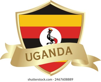 Flag of uganda as around the metal gold shield with uganda flag