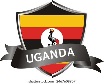 Flag of uganda as around the metal silver shield with uganda flag